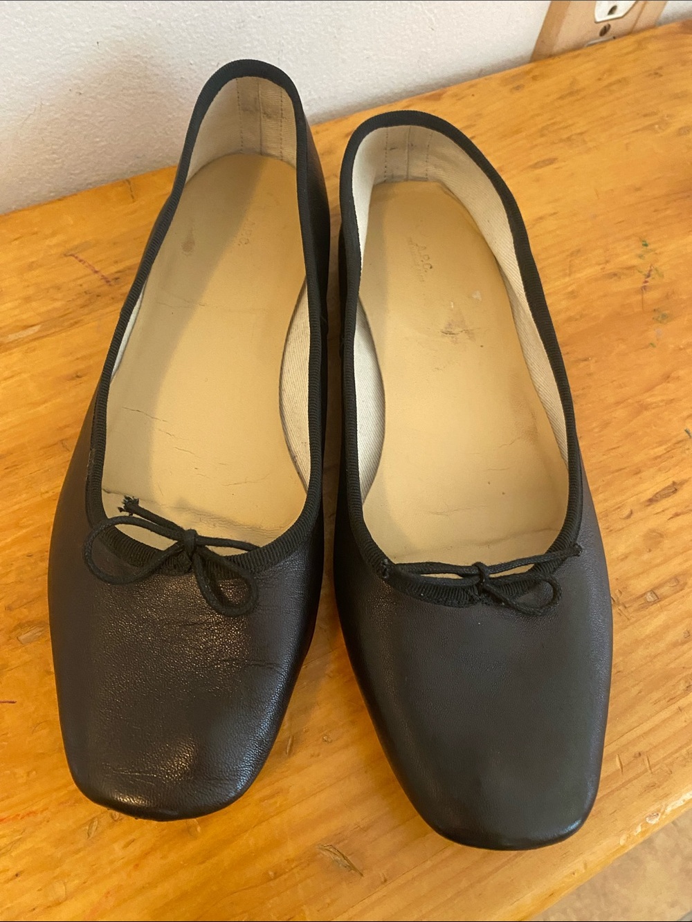 A.P.C. Black Leather Square-Toe Ballet Flats with Bow